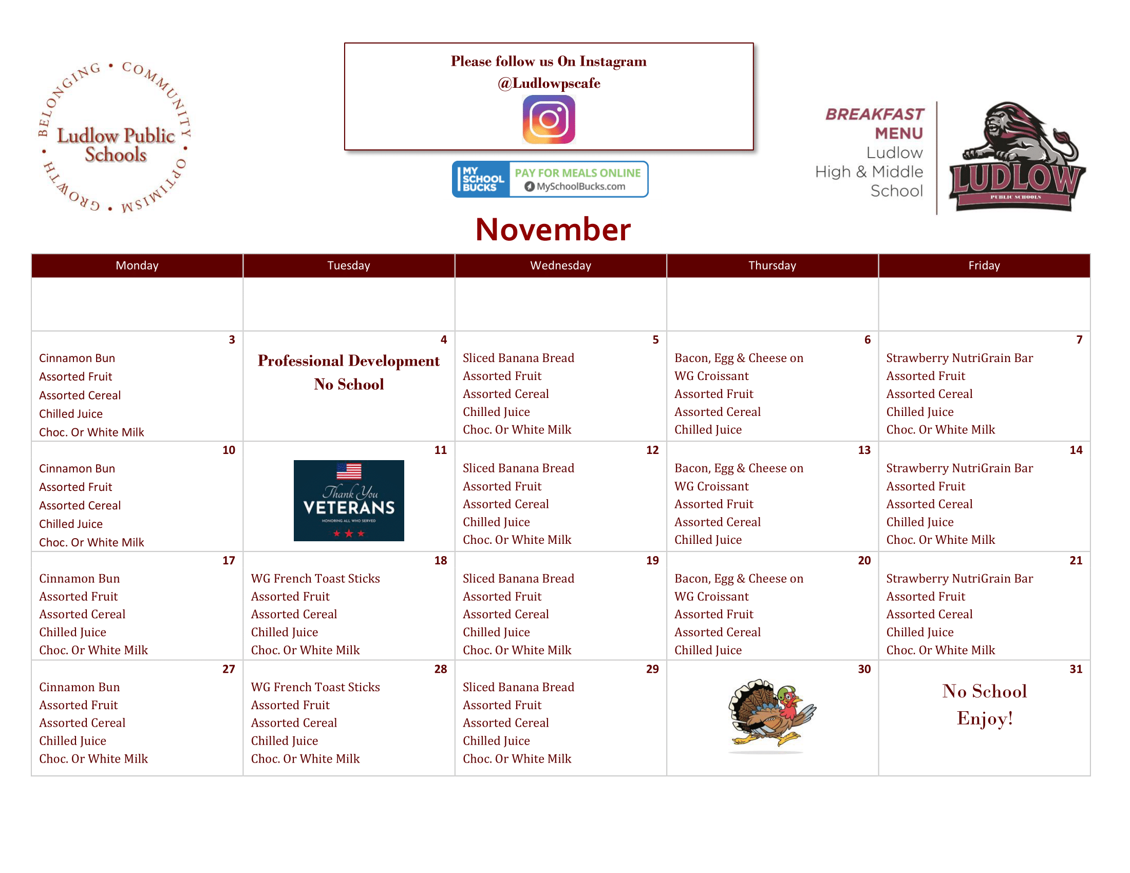 NOVEMBER LUDLOW LHS AND BMS LIONS BREAKFAST MENU